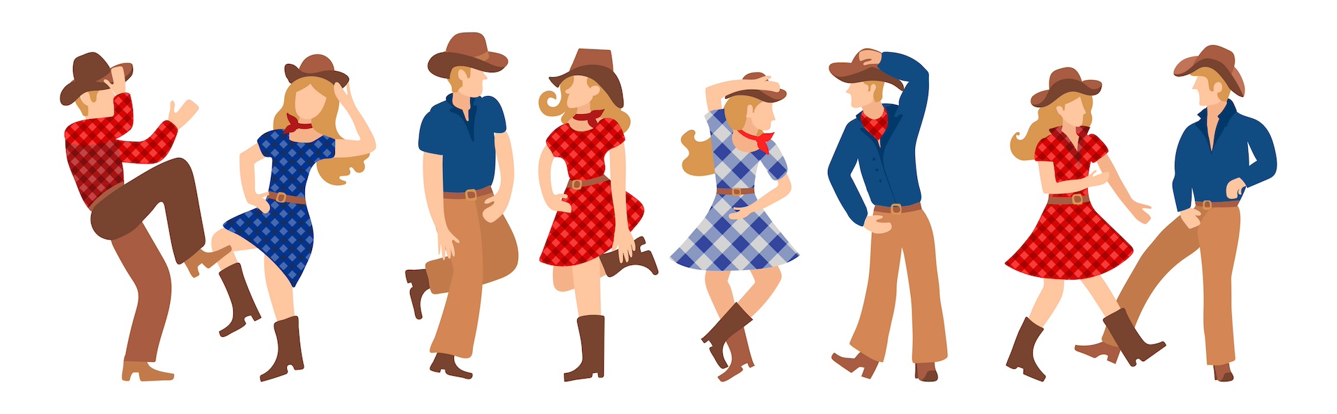 Vector illustration of a group of cowboys and cowgirls in western country dancing a line of dance. Couples man and woman dancing a cheerful dance in American folk style